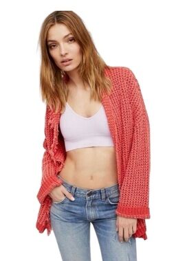 Free People Open-Front Chunky Cardigan Sweater - Coral Pink